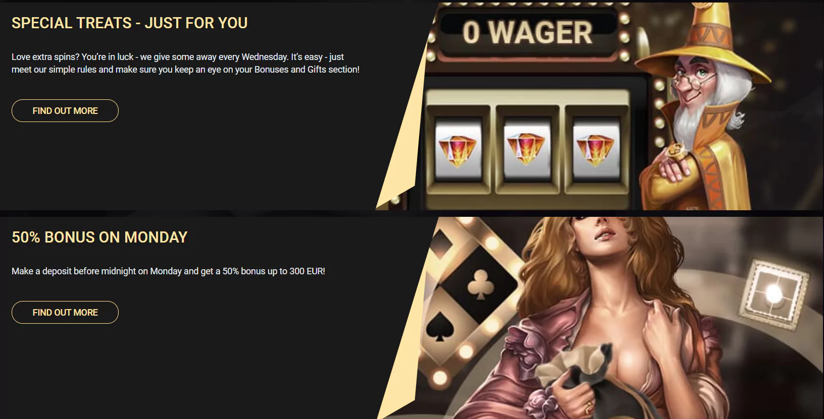 Screenshot of Different Bonuses in Online Casino with minimum deposit $1