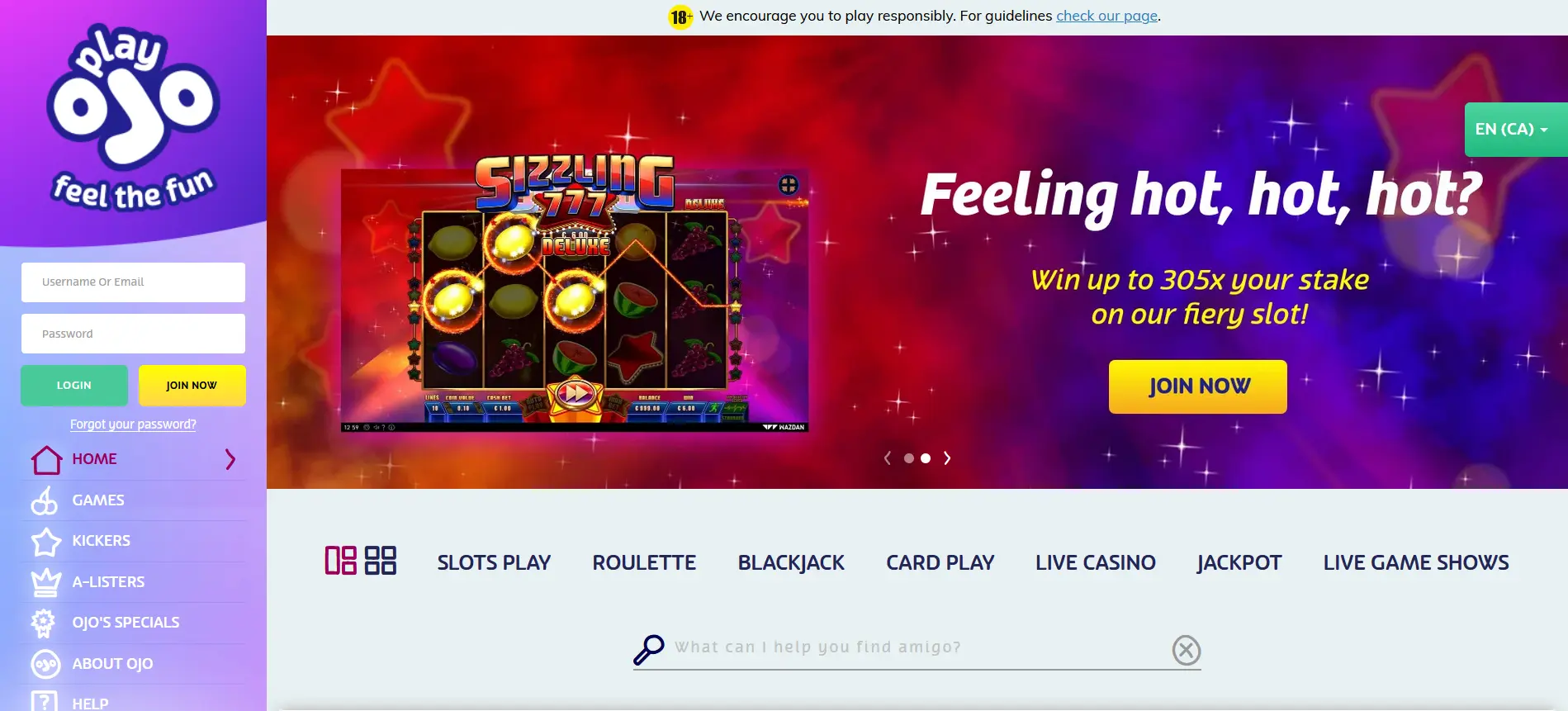 Screenshot of Play Ojo - Online casino Montreal