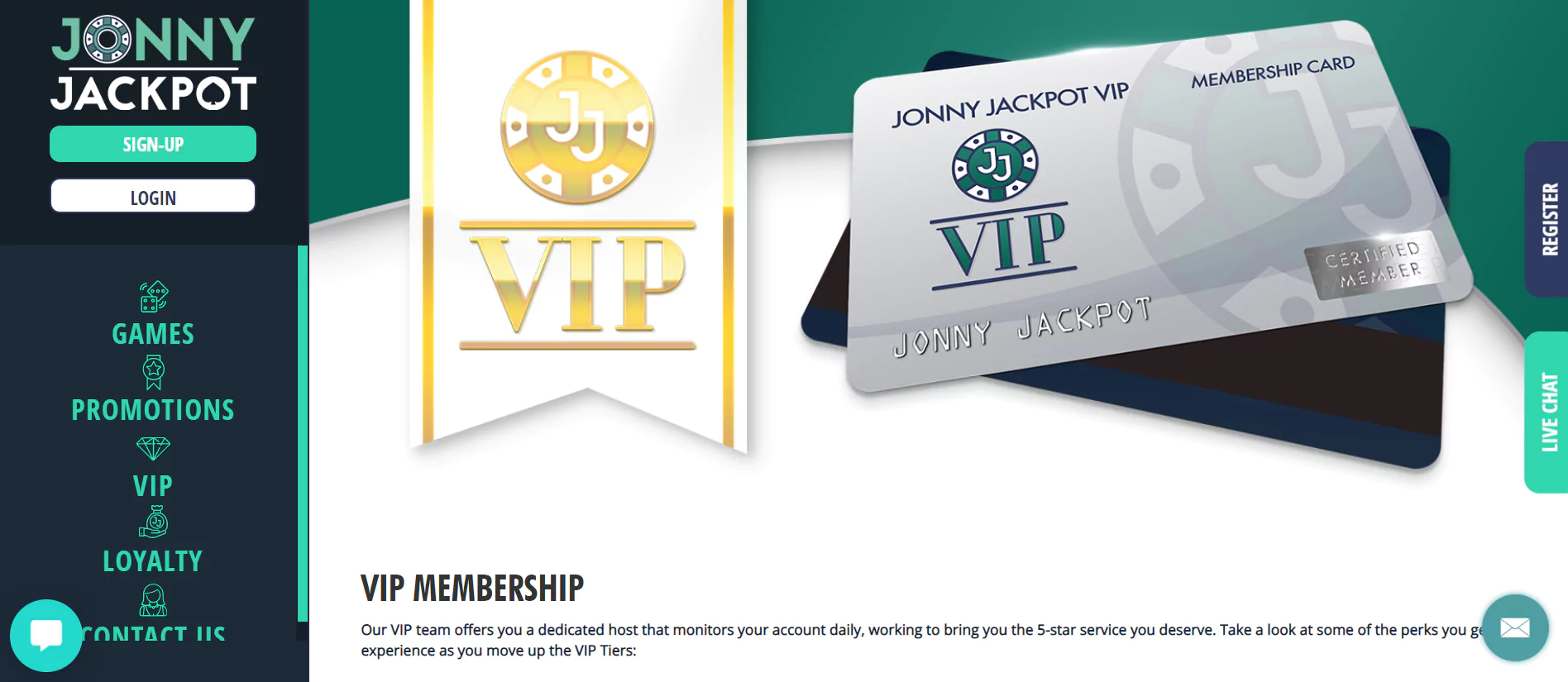 Screenshot of Jonny Jeckpot online casino VIP program