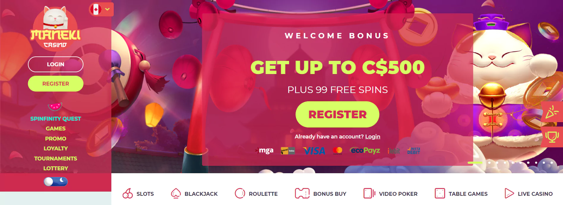 Screenshot of Maneky official website - New Online Casino