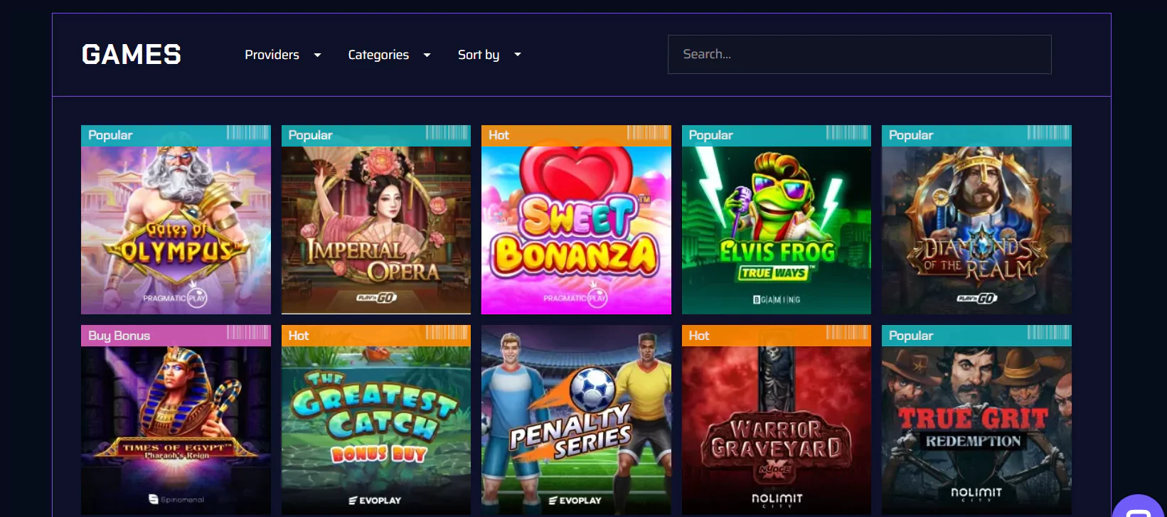 Screenshot of JustBit Casino Top Games