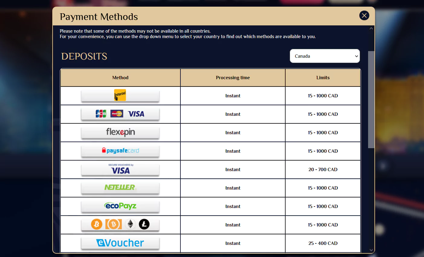Screenshot of Payments Options at Canadian Online Casino Vegas Plus