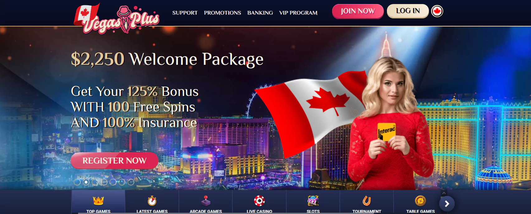 Screenshot of VegasPlus Casino Main Page from Official Website