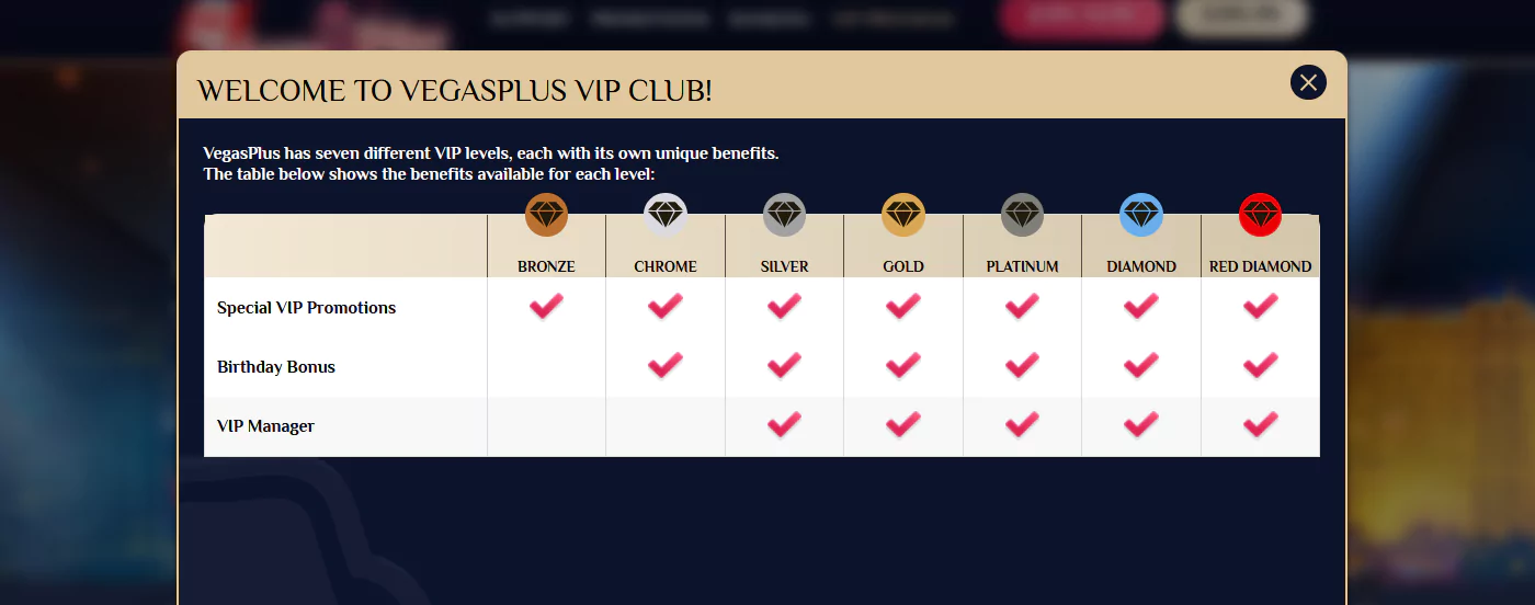 Screenshot of Vip Program at Vegas Plus Casino