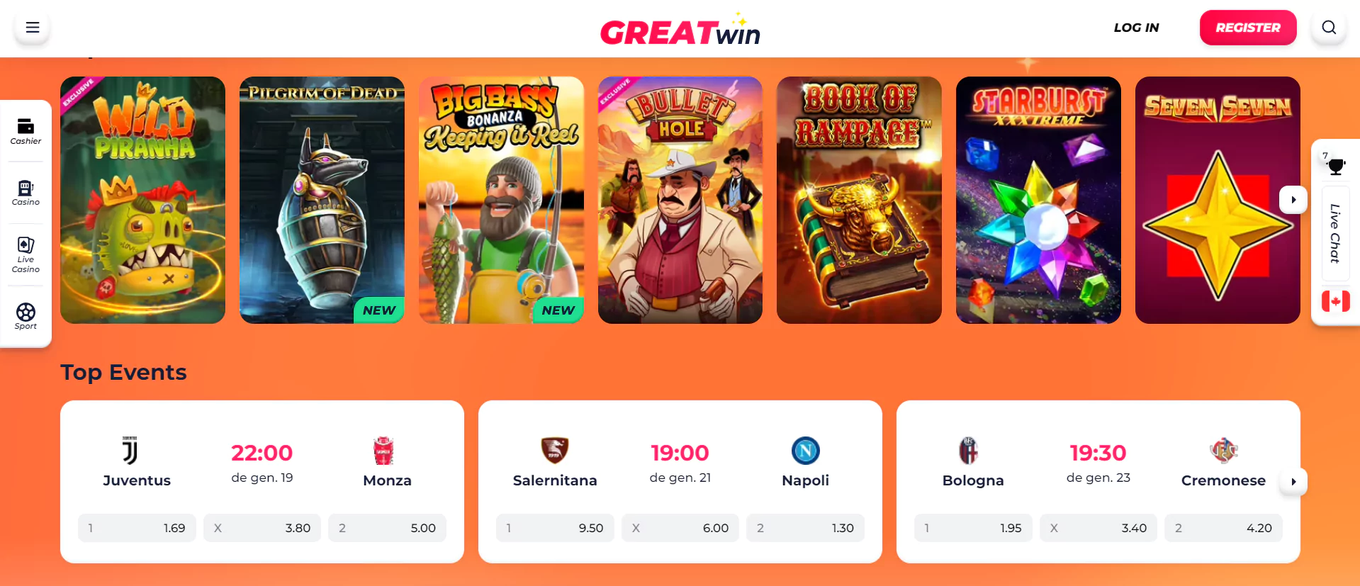 Screenshot of GreatWin Casino from Official Website