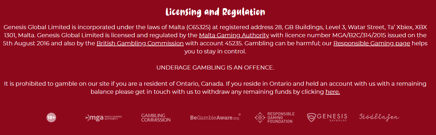 Screenshot of Licensig at Apple Pay Online Casino in Canada