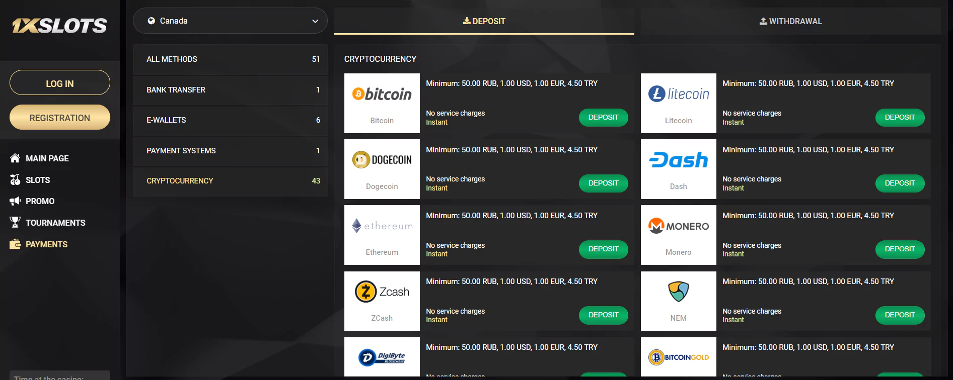 Screenshot of Deposit Options in Online Bitcoin Casino in Canada