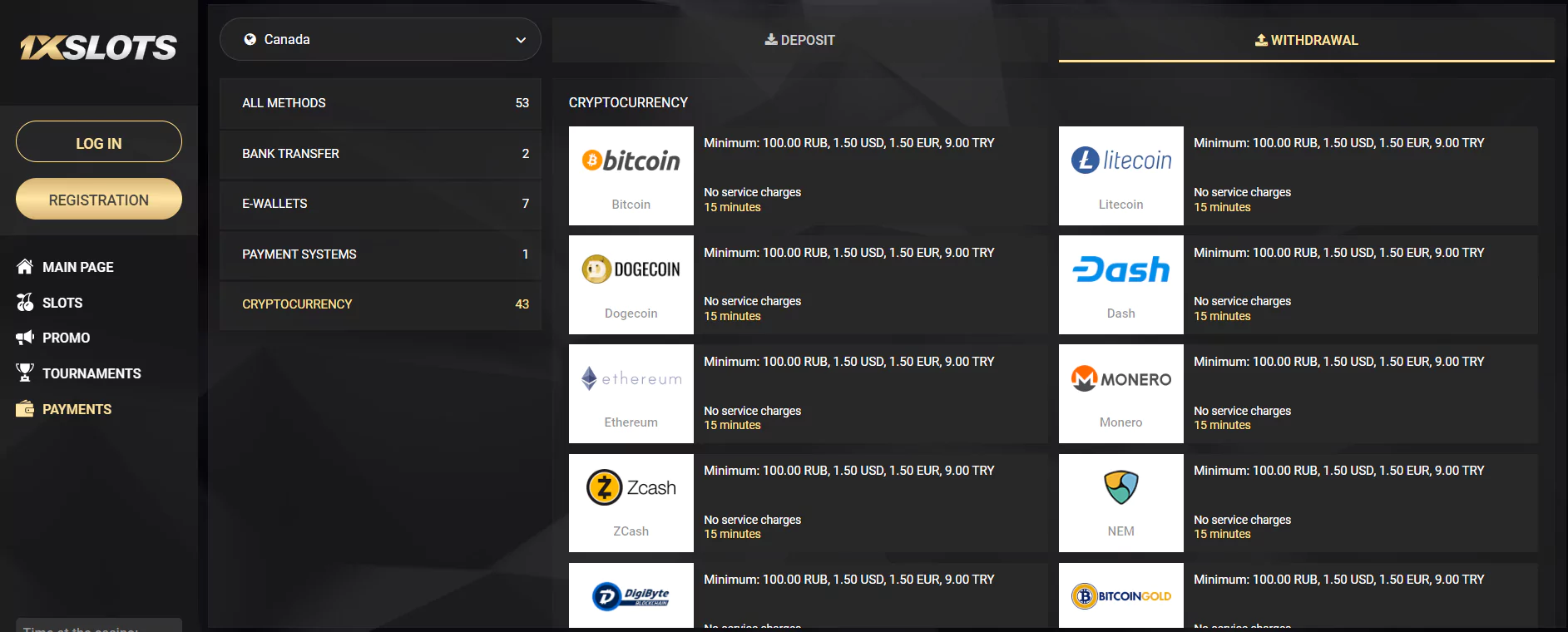 Screenshot of Withdrawal Methods in 1x-Slot Online Crypto Casino in Canada