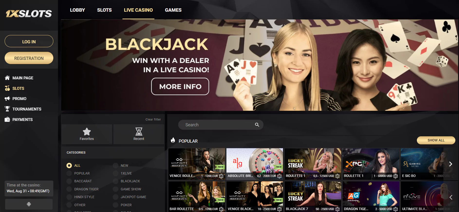 Screenshot of 1x-Slots Onlone Casino with live dealers in Canada