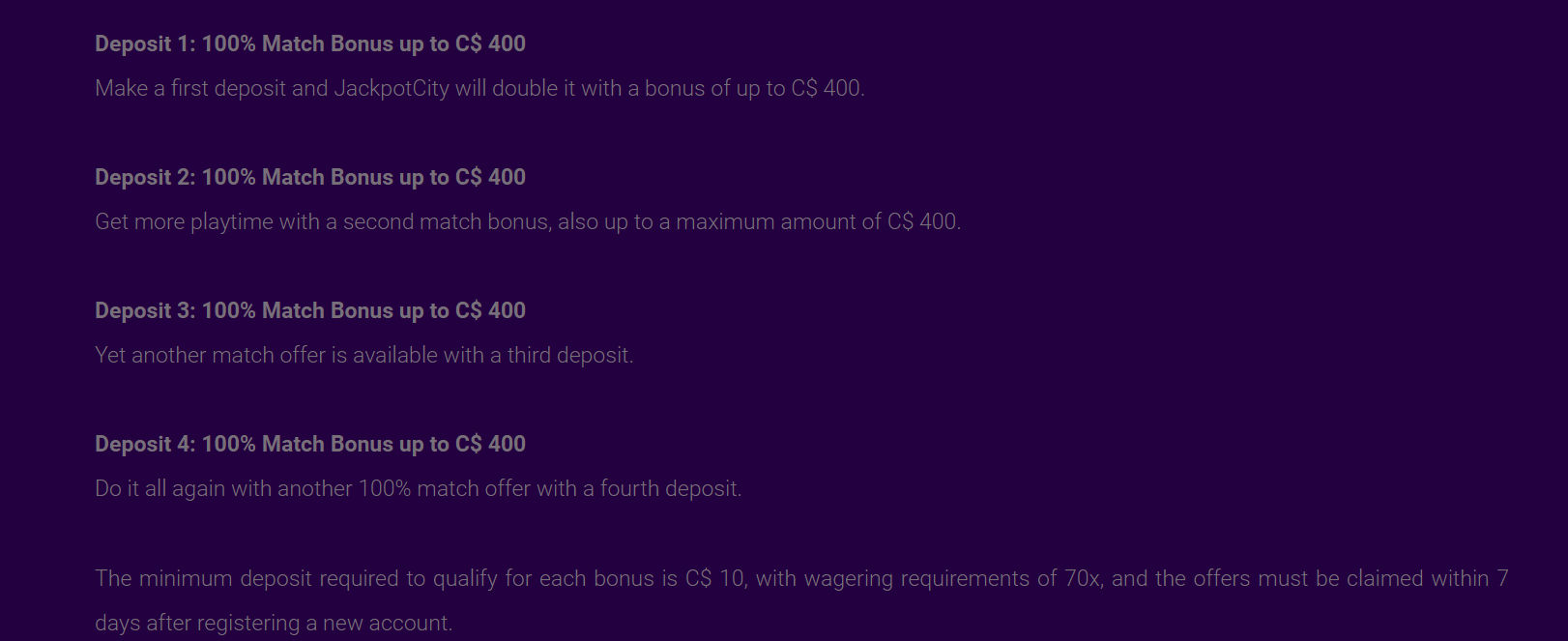 Screenshot of Bonuses in Minimum $10 Deposit Casino in Canada