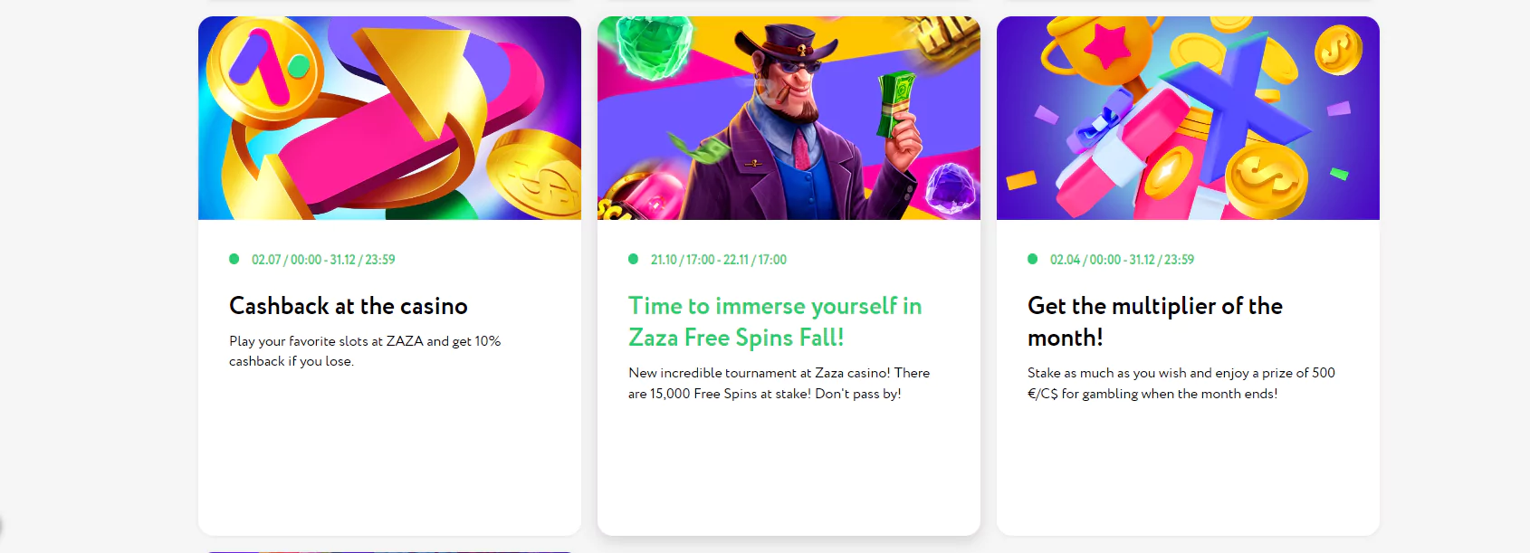 Screenshot of Bonuses at Zaza Online Casino from official Website