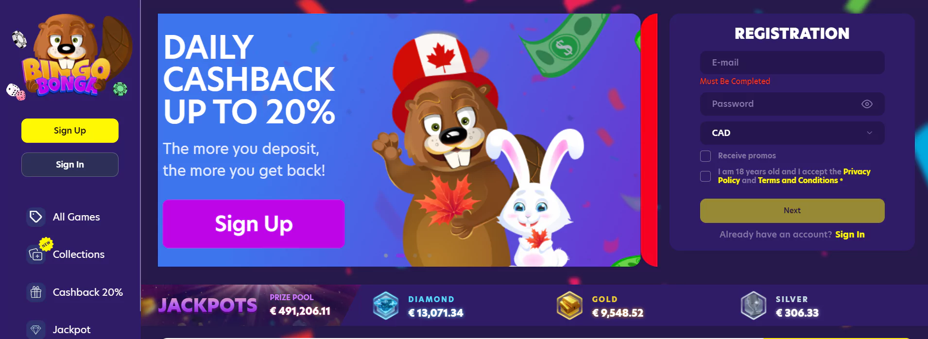 BingoBonga Casino - Screenshot from official Website
