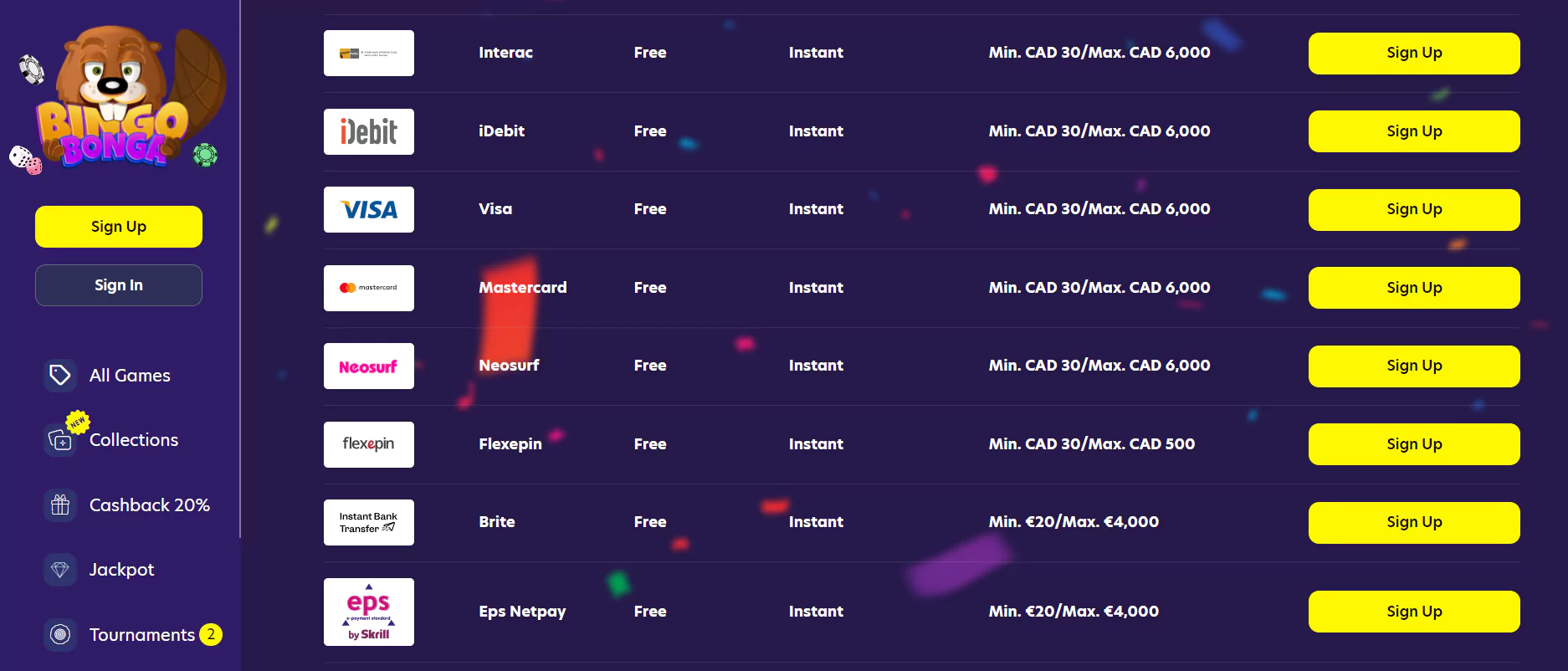 BingoBonga Casino Payments Methods - Screenshot from Oficial Website