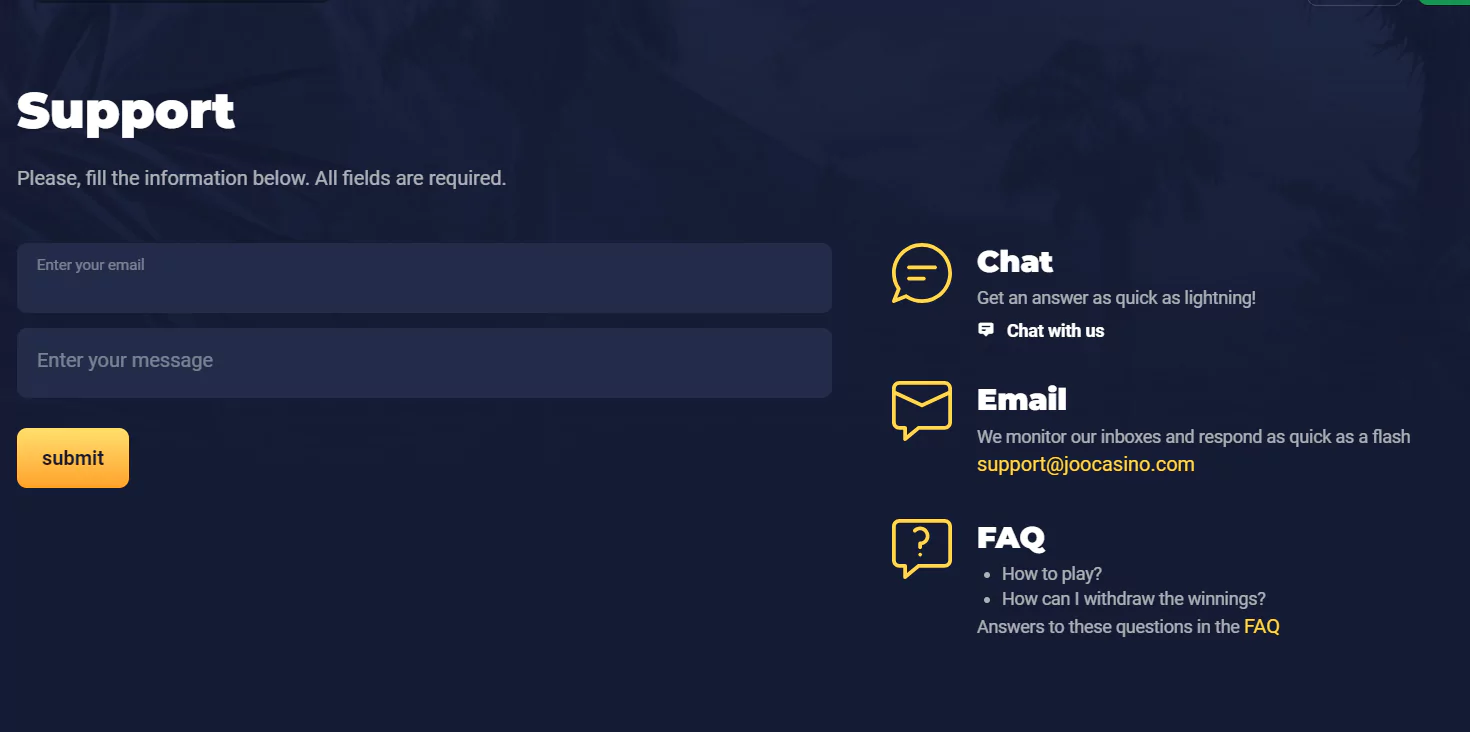 Screenshot of Joo Casino Support