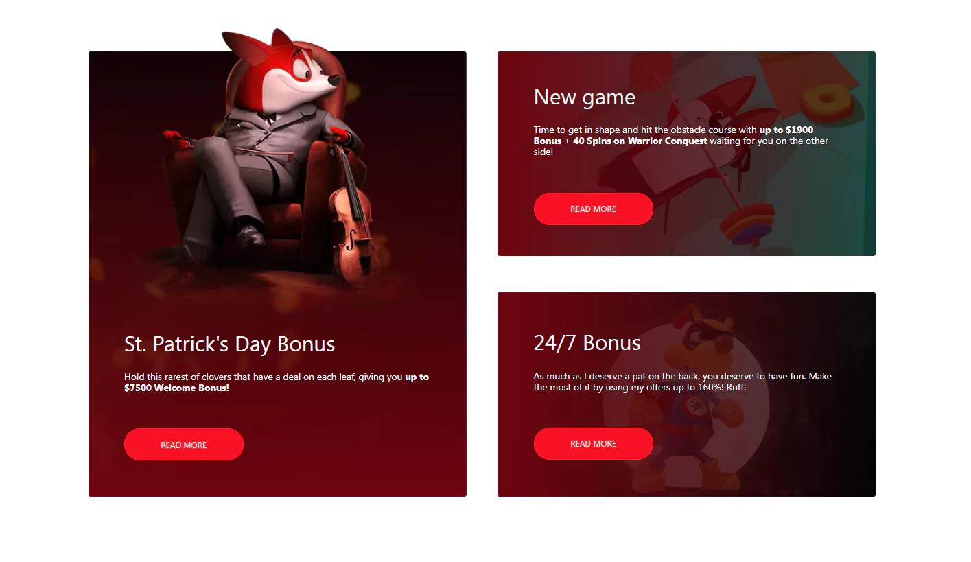 Screenshot of Red Dog Casino Bonuses from official Website