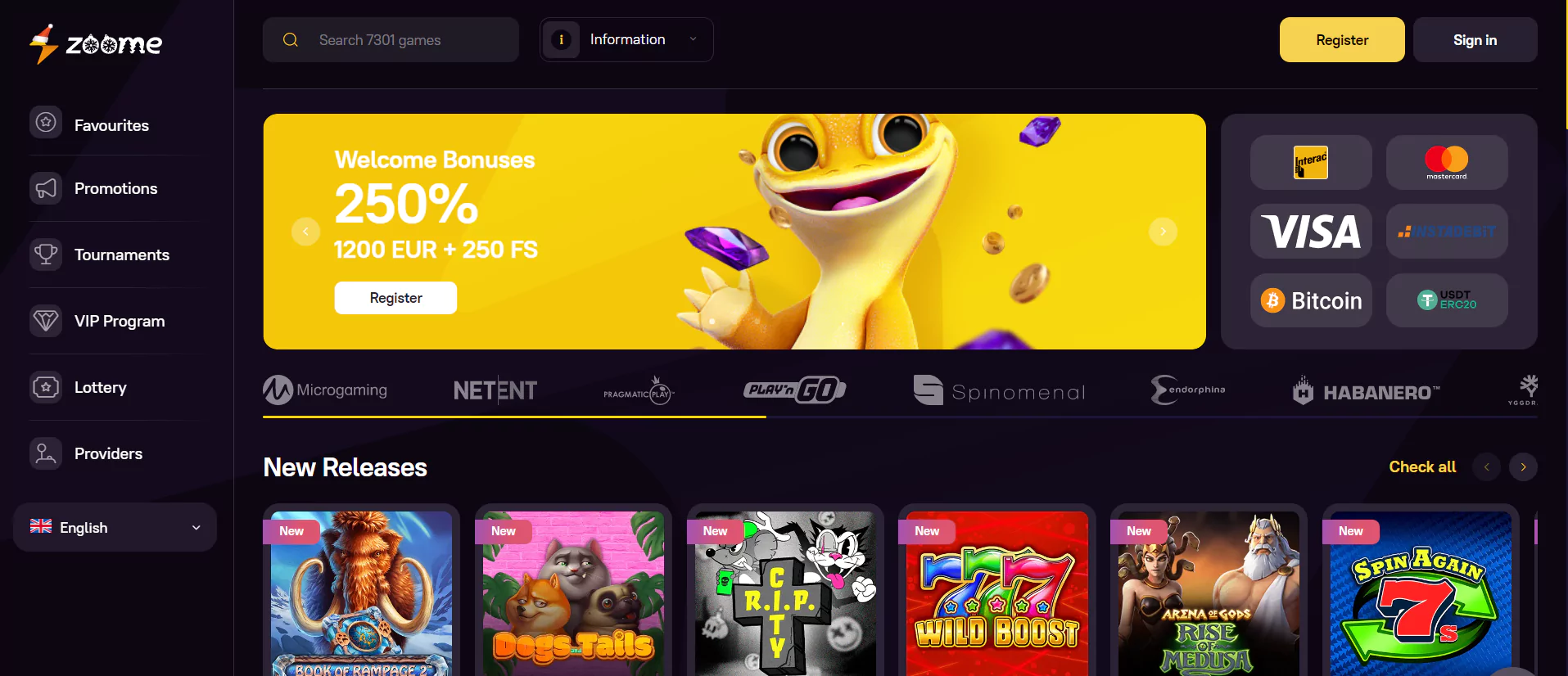 Screenshot of Zoome Casino from official website